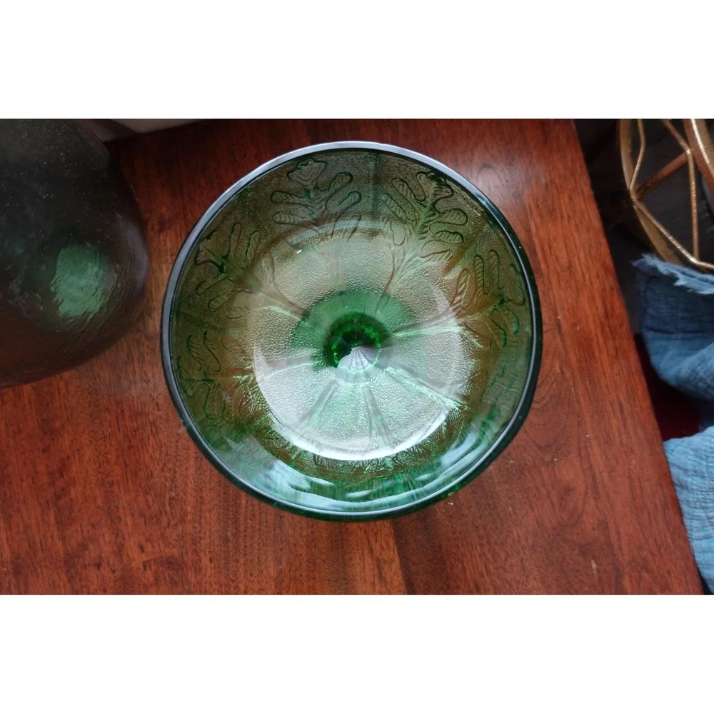 Vintage F.T.D‎ 1975 green oak leaf art glass pedestal bowl/compote